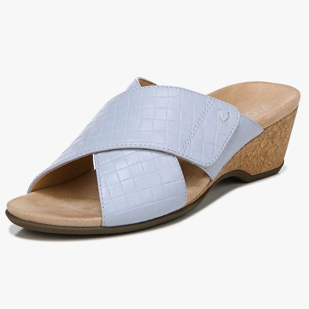 NIB Vionic Leticia Leather & Jute Wedge Slide Sandals Blue - Picture 3 of 8